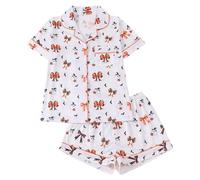 Generisch Pigiama Seta Stampato Halloween Pigiama Donna - Camicia a Manica Corta e Pantaloncini in Stile Europeo con Colletto a Risvolto e Loungewear Pantaloni Sportivi Donna Estate, bianco, L