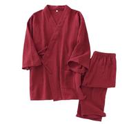 Generisch Pigiama Uomo Cotone Lino Pigiama Biancheria Da Letto Kimono Giapponese 2 Pezzi Kimono Cappotto E Pantaloni Pigiama Monocolore Locker Loungwear Traspirante, O vino, L