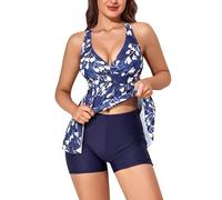 Generisch Plus Size Tankini Set con doppia spallina, top da donna, vestibilità allungata, costume da bagno in due pezzi, colore nero, con motivo unico, Blu, L