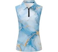 Generisch Polo da golf da donna senza maniche con stampa astratta in marmo, funzionale top con chiusura lampo, elegante top sportivo in blu e oro, Stil_A01 Blu, L