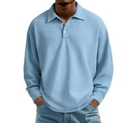 Generisch Polo da uomo a maniche lunghe, in tessuto a nido d'ape, colletto alto, classico, maglione da lavoro, caldo, traspirante, maglione invernale in tinta unita, Blu, L