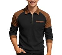 Generisch Polo da uomo a nido d'ape, a maniche lunghe, per il tempo libero, con chiusura lampo a quarto, Nero , XXL