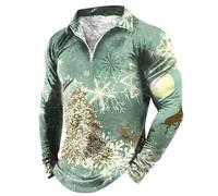 Generisch Polo natalizia da uomo con motivo a maniche lunghe per le giornate fredde, design misto misto misto cotone, ideale da abbinare sotto un maglione o un gilet, Verde menta, L