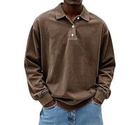 Generisch Polo Shirts für Herren Langarm Retro Distressed Washed Sweatshirt ohne Kapuze mit Knöpfe Vintage Polo Top, Braun Polo Uomo, 3XL