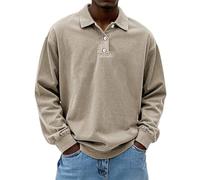 Generisch Polo Shirts für Herren Langarm Retro Distressed Washed Sweatshirt ohne Kapuze mit Knöpfe Vintage Polo Top, Polo da uomo kaki, M