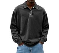 Generisch Polo Shirts für Herren Langarm Retro Distressed Washed Sweatshirt ohne Kapuze mit Knöpfe Vintage Polo Top, Polo Uomo Nero, XXL