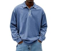 Generisch Polo Shirts für Herren Langarm Retro Distressed Washed Sweatshirt ohne Kapuze mit Knöpfe Vintage Polo Top, Polo Uomo Blu, M