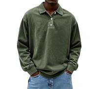 Generisch Polo Shirts für Herren Langarm Retro Distressed Washed Sweatshirt ohne Kapuze mit Knöpfe Vintage Polo Top, Polo da uomo verde, 4XL