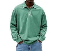 Generisch Polo Shirts für Herren Langarm Retro Distressed Washed Sweatshirt ohne Kapuze mit Knöpfe Vintage Polo Top, Polo da uomo verde chiaro, 3XL