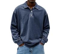 Generisch Polo Shirts für Herren Langarm Retro Distressed Washed Sweatshirt ohne Kapuze mit Knöpfe Vintage Polo Top, Polo da uomo blu scuro, S