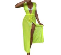 Generisch Poncho da spiaggia, abito da spiaggia, abbigliamento senza biancheria intima, scollo a V, forcella, beach wrap, bikini Shimmery Cover- per donna mezza cerniera a maniche lunghe, giallo., XL