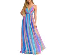 Generisch Primavera Estate Confine Europeo Americano Commercio Estero Donna Confine Sexy Deep V Arcobaleno Chiffon Bretelle Abito, rosa intenso, S