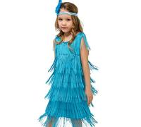 Generisch principessa bambina paillettes frange abito da ballo latino nappa abito tango, costume da sala da ballo con fascia in piuma tennis ragazza, Blu, 7-9 anni