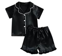 Generisch Ragazze Moda Solido Revers Button Down Manica Corta Camicetta Pantaloncini Due Pezzi Vestito, Nero , 8-9 Anni