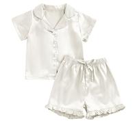 Generisch Ragazze Moda Solido Revers Button Down Manica Corta Camicetta Pantaloncini Due Pezzi Vestito, bianco, 12-13 Anni