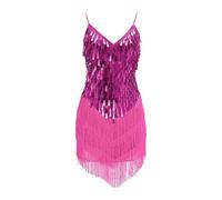 Generisch Ragazze Paillettes Frange Abbigliamento Da Danza Latino Abbigliamento Da Danza Set Lucido Senza Maniche Nappa Gonna Da Danza, rosa intenso, 150