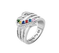 Generisch Ringelordner 12 Color Birthstone Heart Ring Engraved DIY Family Name Ring Mother's Day Ringe Echt Silber 925 Set (SL6, F)