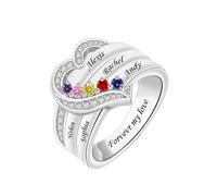 Generisch Ringelordner 12 Color Birthstone Heart Ring Engraved DIY Family Name Ring Mother's Day Ringe Echt Silber 925 Set (SL5, F)