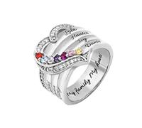 Generisch Ringelordner 12 Color Birthstone Heart Ring Engraved DIY Family Name Ring Mother's Day Ringe Echt Silber 925 Set (SL7, F)