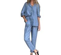 Generisch S-5Xl - Tuta da donna da 2 pezzi, set autunnale, taglie grandi, camicetta e vita alta, pantaloni per il tempo libero, in tinta unita, in cotone, leggero, comodo, per il tempo libero, per la