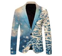 Generisch Sakko - Giacca natalizia da uomo, con scollo a V, con bottoni, per il tempo libero, motivo natalizio, con stampa, per feste, eleganti, blazer da uomo, azzurro, XXL