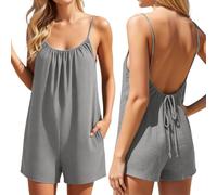 Generisch Salopette da donna con schiena scoperta, estiva, con spalline corte, da spiaggia, con spalline sottili, senza maniche, comodi, pantaloni premaman casual, con rilegatura sulla schiena, grigio