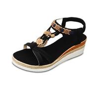 Generisch Sandali da donna alla moda per il look quotidiano da spiaggia con punta aperta dettagli boho 5 cm zeppa - compagno ideale per lo stile estivo, Nero , 40 EU