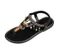 Generisch Sandali da donna bohémien con cinturino in perle e design piatto - scarpe romane casual per il comfort quotidiano in stile bohemiano estivo, Nero , 39 EU 3X-Stretta