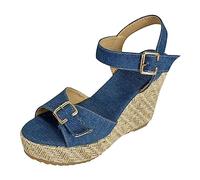 Generisch Sandali da donna con zeppa, espadrillas, estivi, per il tempo libero, con punta aperta, con fibbia, comodi sandali per le vacanze, Blu, 38 EU