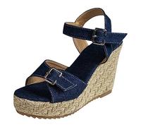 Generisch Sandali da donna con zeppa, espadrillas, estivi, per il tempo libero, con punta aperta, con fibbia, comodi sandali per le vacanze, Blu scuro, 39 EU