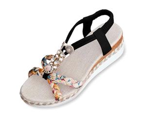 Generisch Sandali da donna con zeppa intrecciata, punta rotonda, elastico per giornate di sole, tacco obliquo, suola spessa, scarpe estive per il tempo libero, Nero , 42 EU