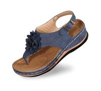 Generisch Sandali da donna eleganti con infradito per l'uso quotidiano per le vacanze all'aperto. Tacco a zeppa da 5,5 cm, motivo floreale per un comfort estivo., Blu marino, 42 EU