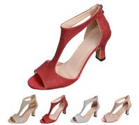 Generisch Sandali da donna estivi eleganti con tacco, eleganti sandali con tacco a blocco, con glitter e punta aperta, sandali estivi per feste, matrimoni 35-43, Colore: rosso, 36 EU