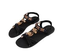 Generisch Sandali da donna estivi piatti, sandali bohemia, con perle, per il tempo libero, da spiaggia, casual, alla caviglia, elastici, eleganti sandali da donna, alla moda, per il tempo libero, Nero