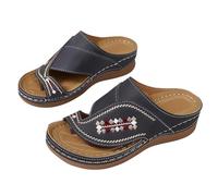 Generisch Sandali ortopedici da donna in ecopelle, con zeppa, con cuciture a ciglia, con zeppa, sandali da spiaggia, slip-On Clip Toe Sandals infradito ricamati, Nero , 40.5 EU