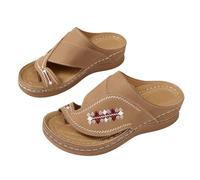 Generisch Sandali ortopedici da donna in ecopelle, con zeppa, con cuciture a ciglia, con zeppa, sandali da spiaggia, slip-On Clip Toe Sandals infradito ricamati, marrone, 41 EU