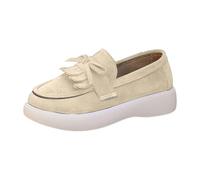 Generisch Scarpe basse da donna Mary Jane, con fiocco, nappe, in pizzo, mocassini, comode, leggere, per il tempo libero, da passeggio, suola piatta, in pelle scamosciata, per il tempo libero, Z1 beige