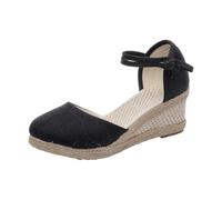 Generisch Scarpe estive traspiranti con cinturino alla caviglia regolabile, comode scarpe per il tempo libero per tutti i giorni, vacanze, spiaggia, zeppa media, pieghevoli, comfort infinito, Nero