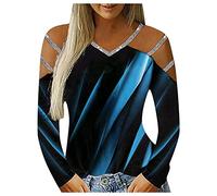 Generisch Scollo a V, casual, maniche lunghe, posizionamento a contrasto, stampa top, camicetta da donna, pantaloncini sexy, Blu, M
