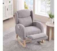 Generisch Sedia a dondolo con poggiapiedi regolabile, tessuto Teddy di alta qualità, telaio in legno fino a 110 kg, schienale alto, salvaspazio, poltrona lounge grigia (122,5 x 70 x 104 cm)