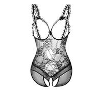 Generisch Seducente body da donna in pizzo trasparente con cavallo aperto, design senza rugiada, elegante lingerie per notti sensuali, abito da notte dall'aspetto delicato, Nero , XXL