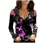Generisch Senza maniche in pizzo da donna camicetta a spalla lunga casual top stampato sexy V donne casual top camicetta tunica estate, Lilla, S