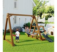 Generisch Set altalena per bambini con scivolo e parete da arrampicata - Robusto telaio da gioco per esterni in legno massello per giardini a partire dai 3 anni in su, doppia altalena 2 x 50 kg di