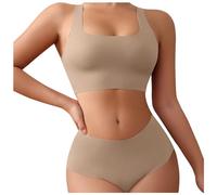 Generisch Set biancheria intima donna stile ovest grande taglia sport senza ferretti supporto superiore imbottitura rimovibile reggiseno donna, beige., S