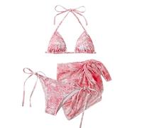 Generisch Set bikini da donna Batik con poncho trasparente come protezione solare in 3 pezzi per spiaggia e piscina, Colore: rosso, XL