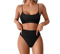 Generisch Set bikini da donna con allacciatura al collo, push up, parte superiore del bikini push up, costume da bagno in due pezzi, Nero , M
