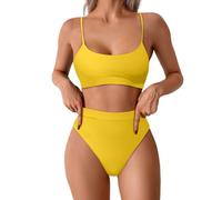 Generisch Set bikini da donna con allacciatura al collo, push up, parte superiore del bikini push up, costume da bagno in due pezzi, giallo., L