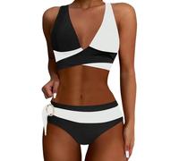 Generisch Set bikini da donna con design a blocchi di colore alto come costume da bagno alla moda in due pezzi con coulisse regolabile per una perfetta vacanza al mare, Nero , L