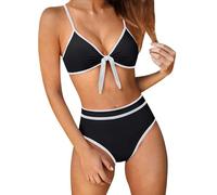 Generisch Set bikini da donna con scollo a V, nodo anteriore, vita alta, push up, due pezzi, controllo della pancia, per estate, vacanze, spiaggia, costume da bagno, T nero., S