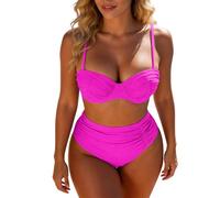Generisch Set bikini da donna push-up con coppa fissa e vita alta, costume da bagno in due pezzi con ciotole testurizzate | Set da nuoto attillato per spiaggia e piscina, Stil_y05 rosa acceso, XXL